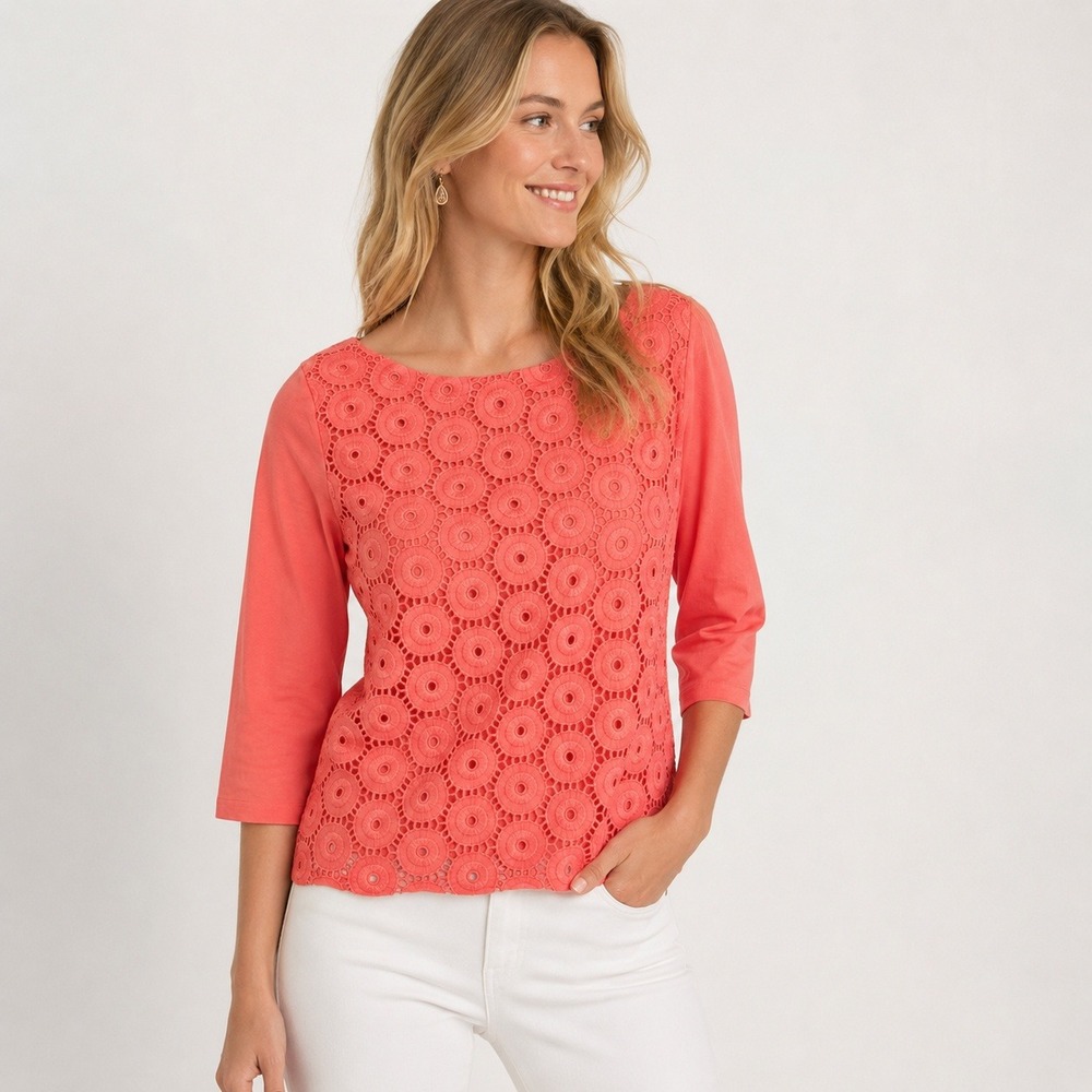 J Crew Womens Coral Pink Silk Eyelet Lace Bow Back 3/4 Sleeve Top Size Medium